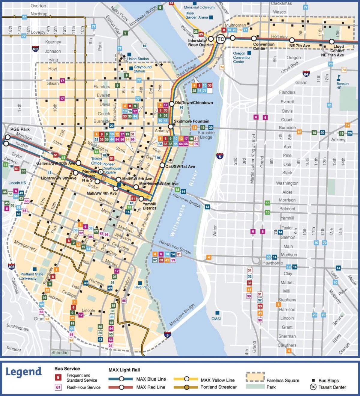 Portland Oregon julkisen liikenteen kartta